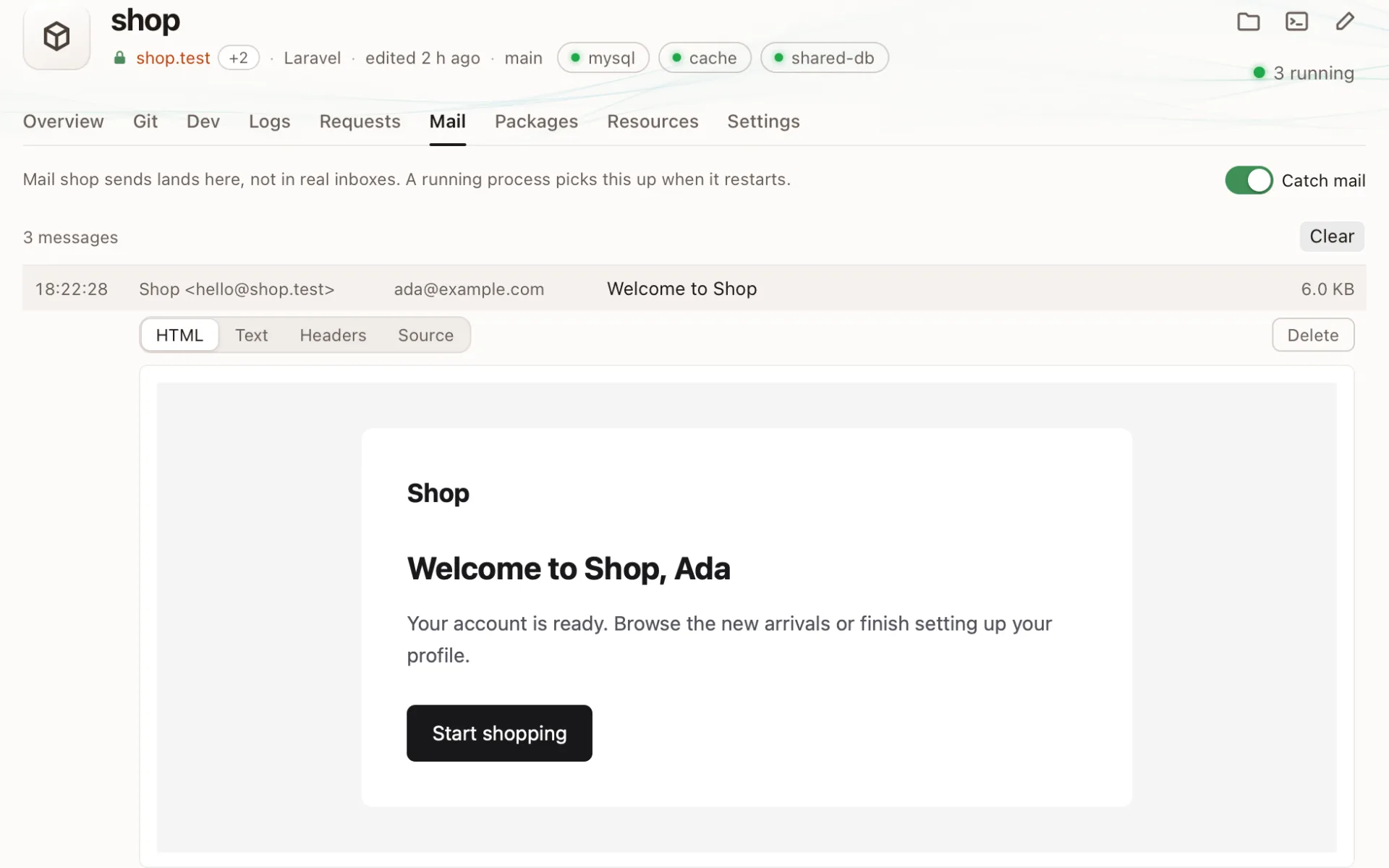 The Mail tab: caught messages, one opened as HTML