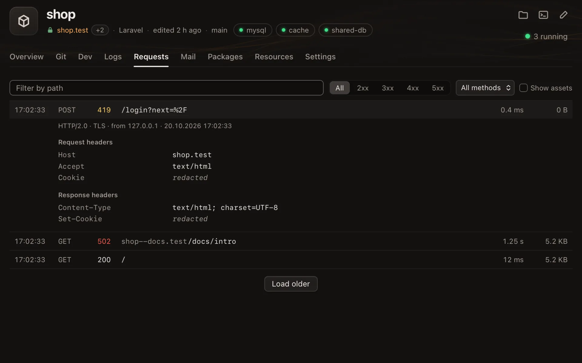 The Requests tab: an app's requests with status, duration and size