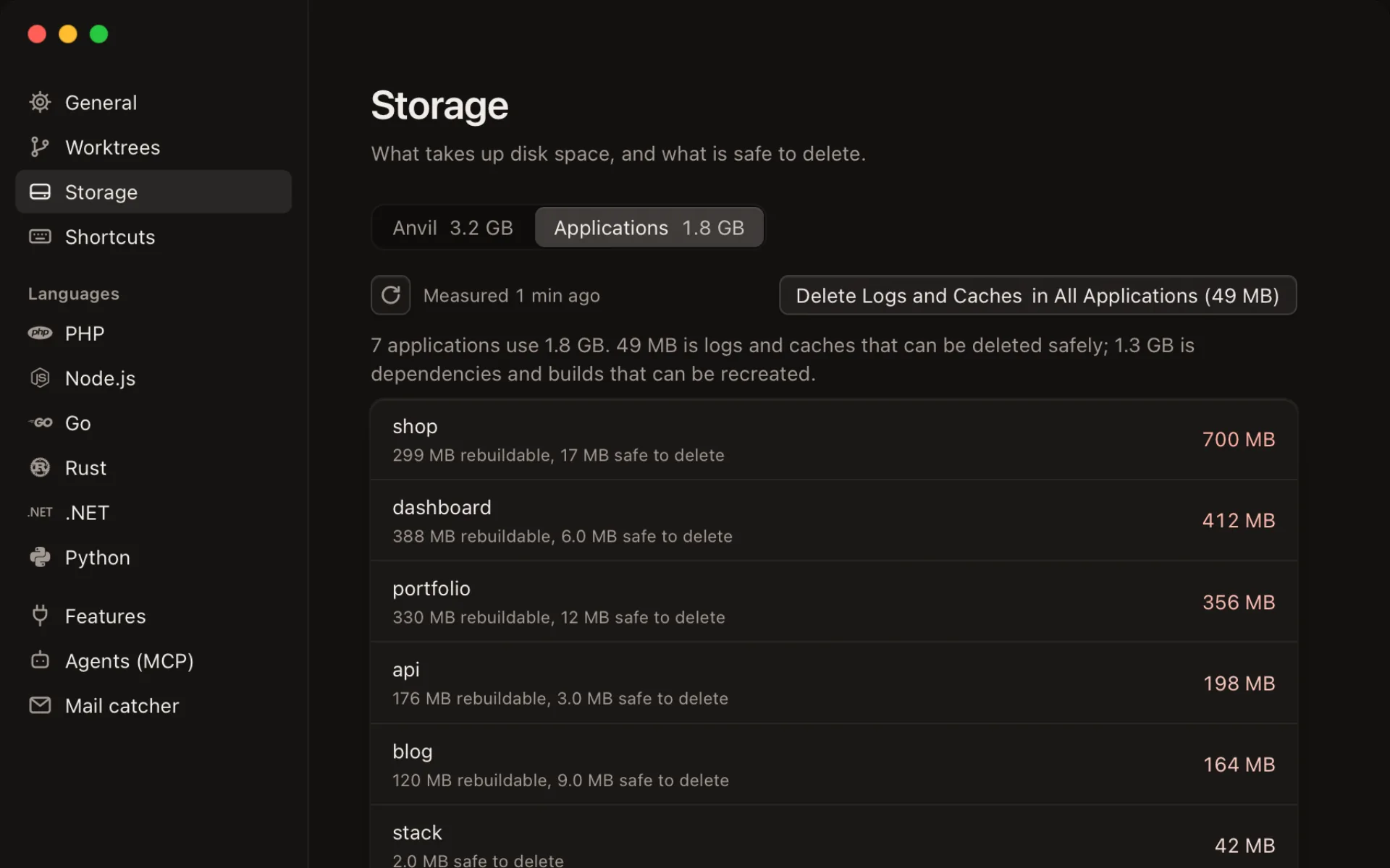 Settings, Storage: each app's size and what can be deleted safely