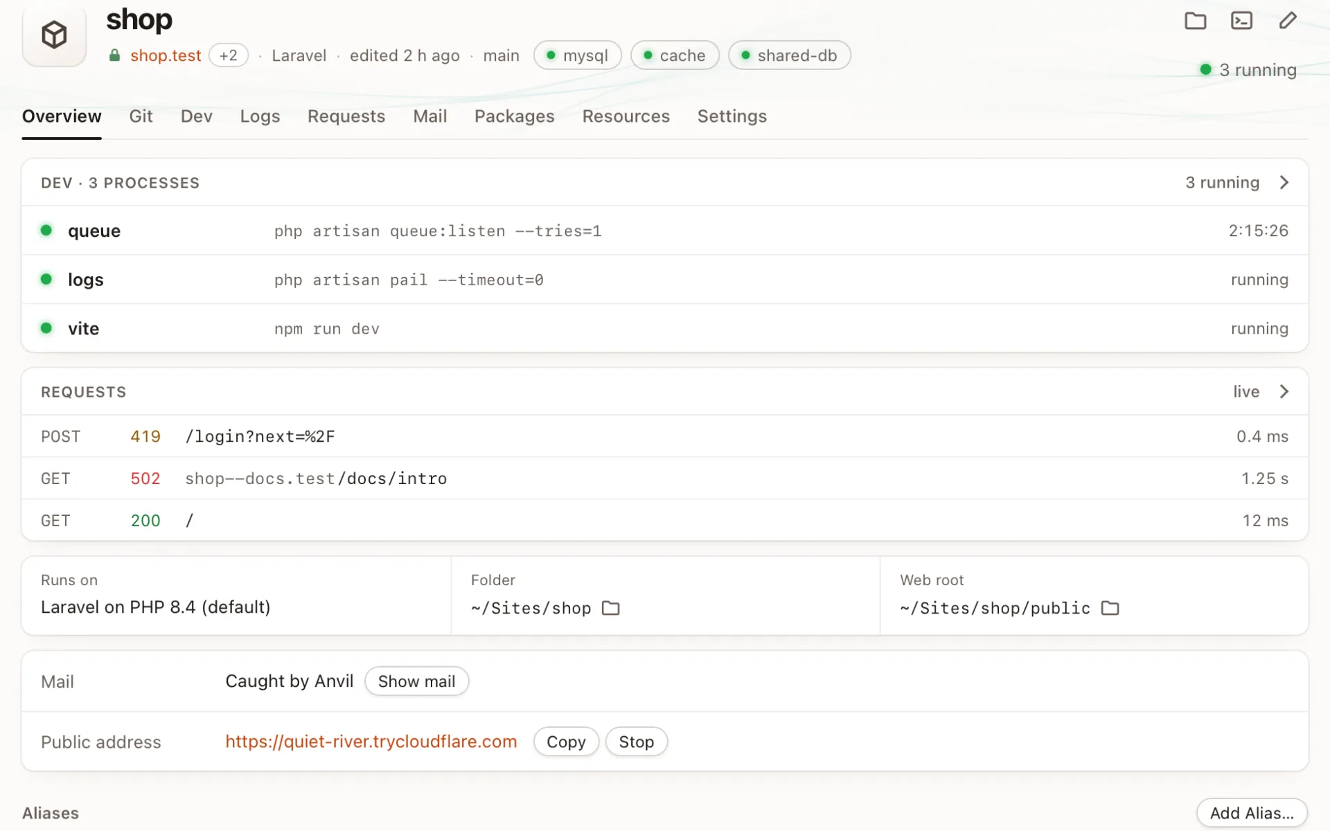 An app's Overview with its public trycloudflare.com address
