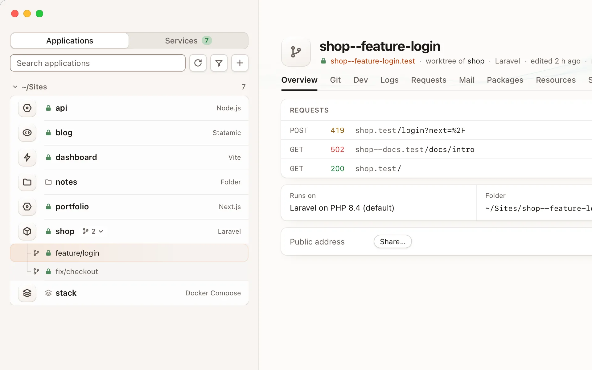 A worktree of shop in the sidebar, open at its own address