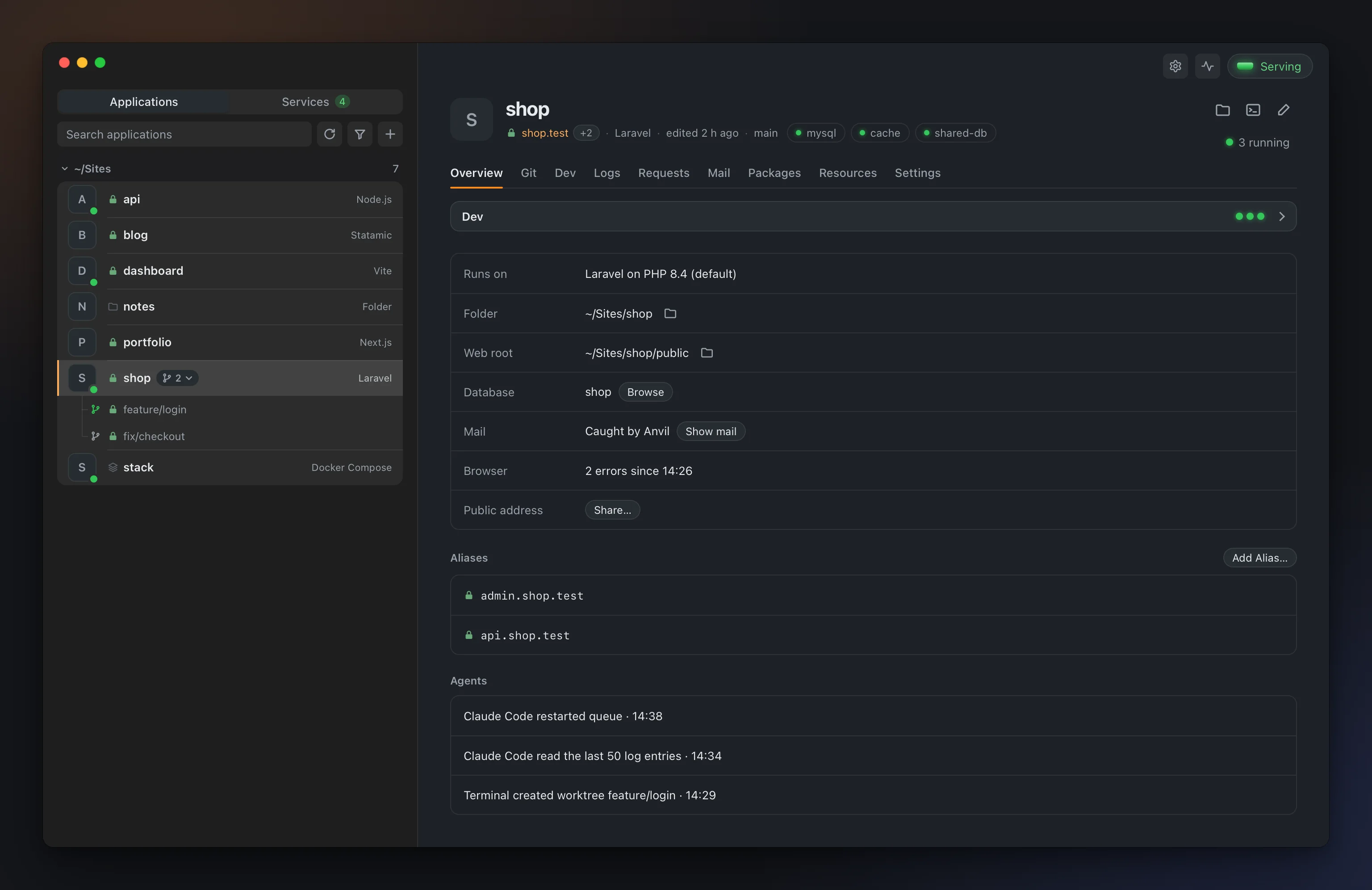 Anvil: the applications list and a Laravel app's Overview tab