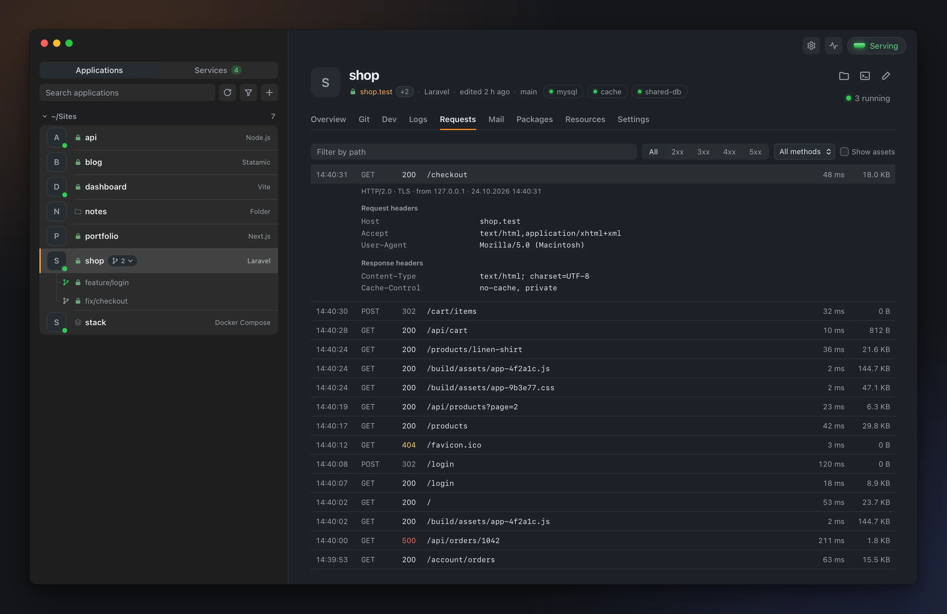 The Requests tab: the requests an app served